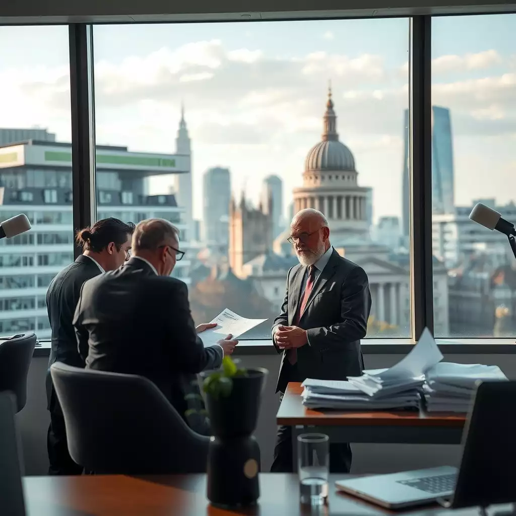 A vibrant office scene in London featuring company owners engaged in discussions over financial documents, with iconic architecture visible through large windows, reflecting a dynamic and diligent business environment.
