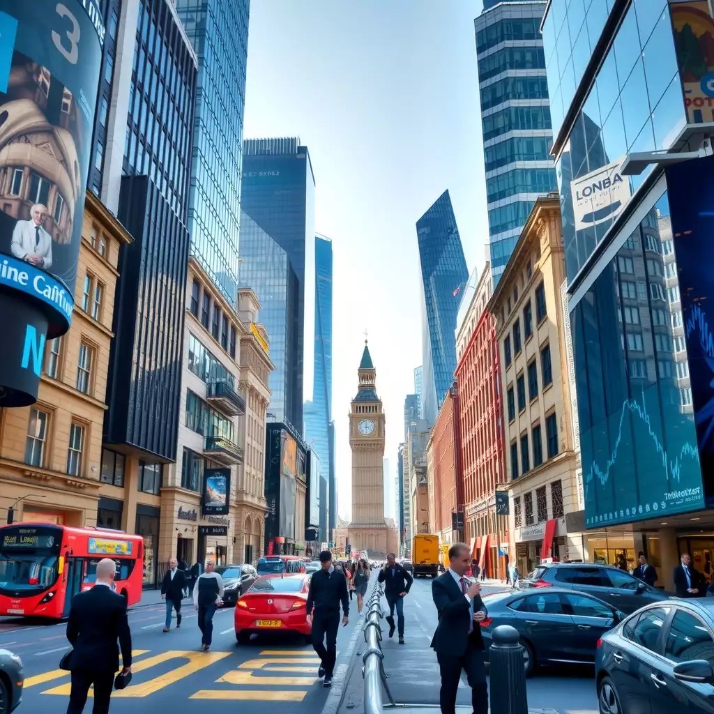 A vibrant London business district bustling with activity, featuring modern skyscrapers and historic buildings, with professionals engaged in discussions and digital displays showcasing financial data.