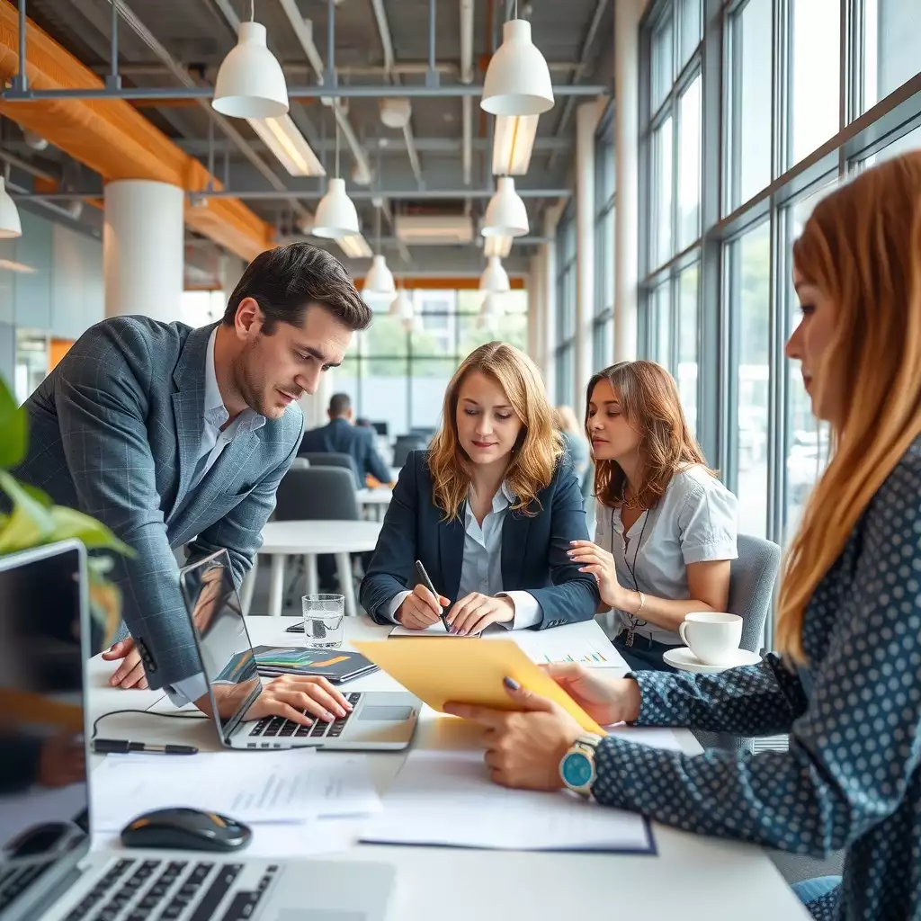 A modern office workspace in Greater London with diverse professionals collaborating over financial documents and technology, showcasing a dynamic and professional atmosphere.