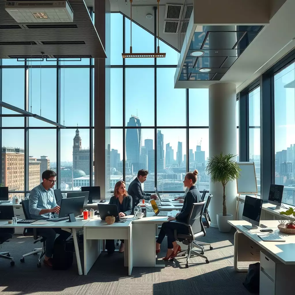 Modern London office interior with sleek workstations, collaborative spaces, and views of the city skyline through large windows, conveying productivity and innovation.