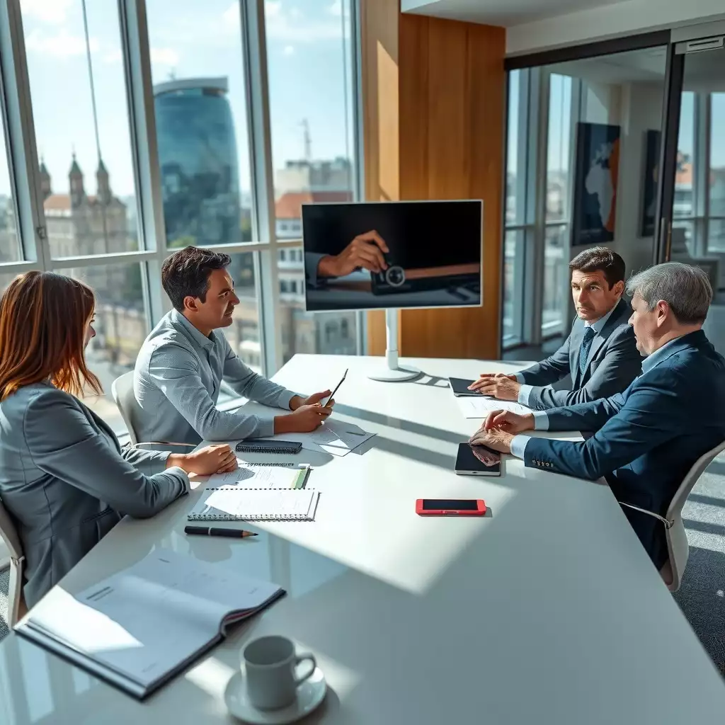 A modern business meeting in a sleek London office, featuring professionals engaged in discussion around a conference table with documents and digital devices, showcasing themes of strategy and planning against a backdrop of iconic city landmarks.