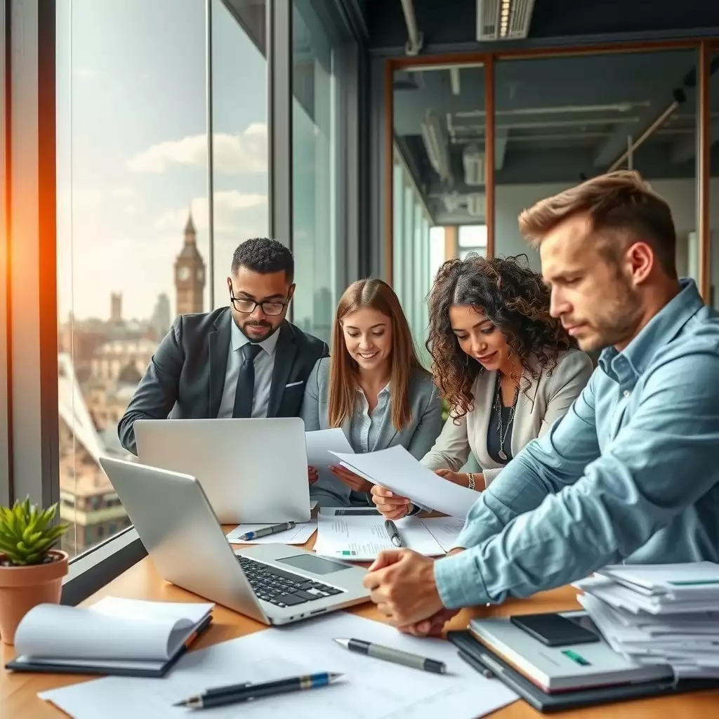 A diverse team of professionals collaborating in a modern office with views of London's iconic skyline, surrounded by documents and laptops, reflecting diligence and accuracy in financial work.