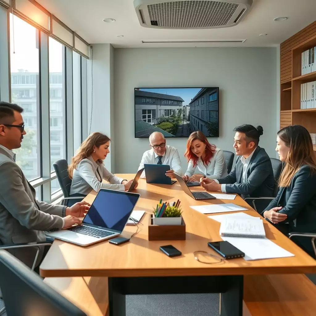 A diverse team of professionals engaged in a collaborative discussion around a conference table, surrounded by paperwork and digital devices related to HMRC enquiries, set in a modern London office.