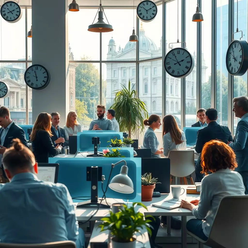 A vibrant London office scene filled with professionals engaged in discussions, showcasing dynamic work life with varied clocks and elements representing the balance between work and personal time.