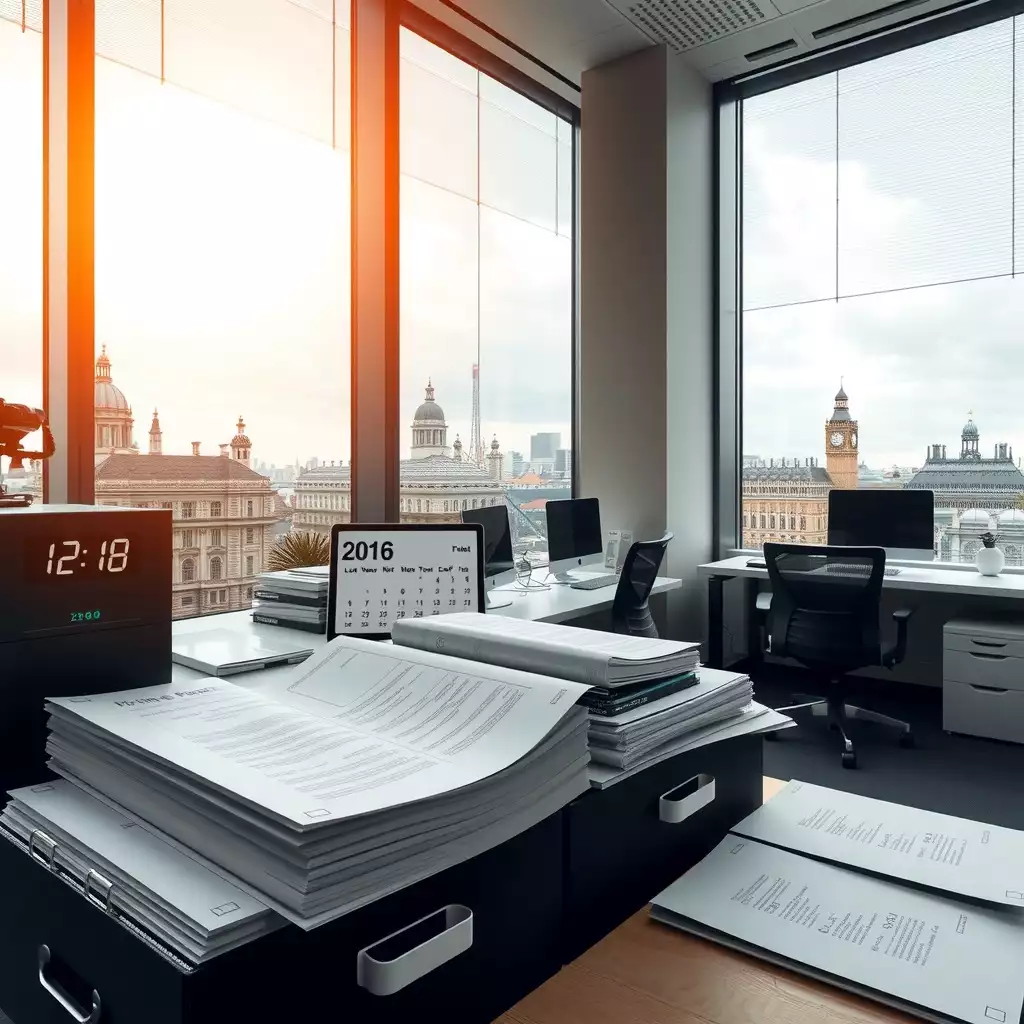 A modern office workspace in London, featuring organized files and documents, a digital clock, and a calendar, with glimpses of iconic architecture through the windows.