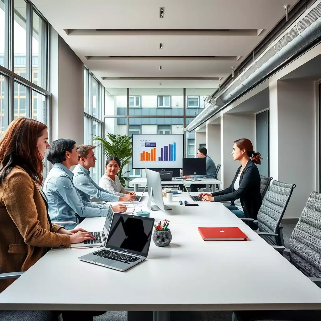 A modern office environment in London featuring a team collaborating around a conference table, with digital interfaces and virtual meetings in the background, highlighting the themes of in-house versus outsourced bookkeeping.