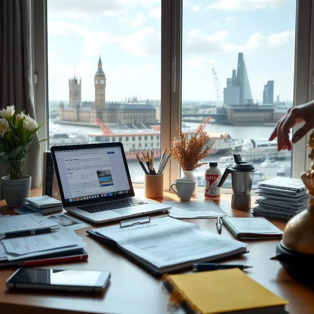 A bright and organized workspace featuring a neatly arranged desk with paperwork, a laptop displaying tax forms, and a view of iconic London architecture through the window.