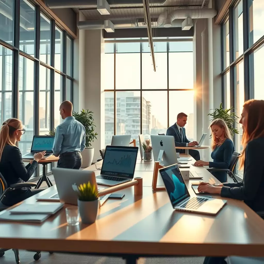A modern office environment in London with professionals collaborating over laptops, large windows allowing natural light, and screens displaying financial data, illustrating innovation and teamwork.