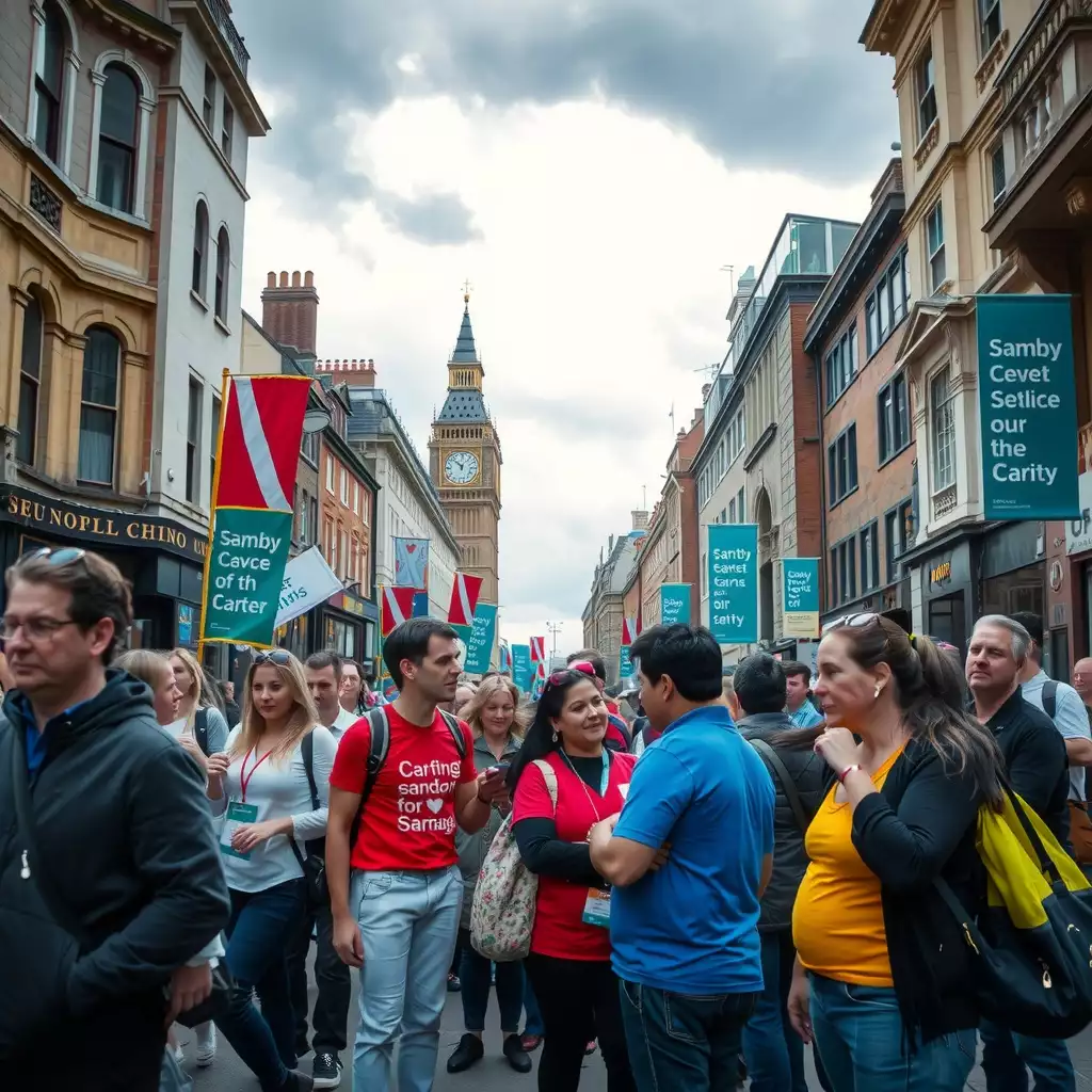 Volunteers from various charities engage with the community on a bustling London street, surrounded by iconic landmarks and charity banners, capturing expressions of concern and determination among diverse individuals.
