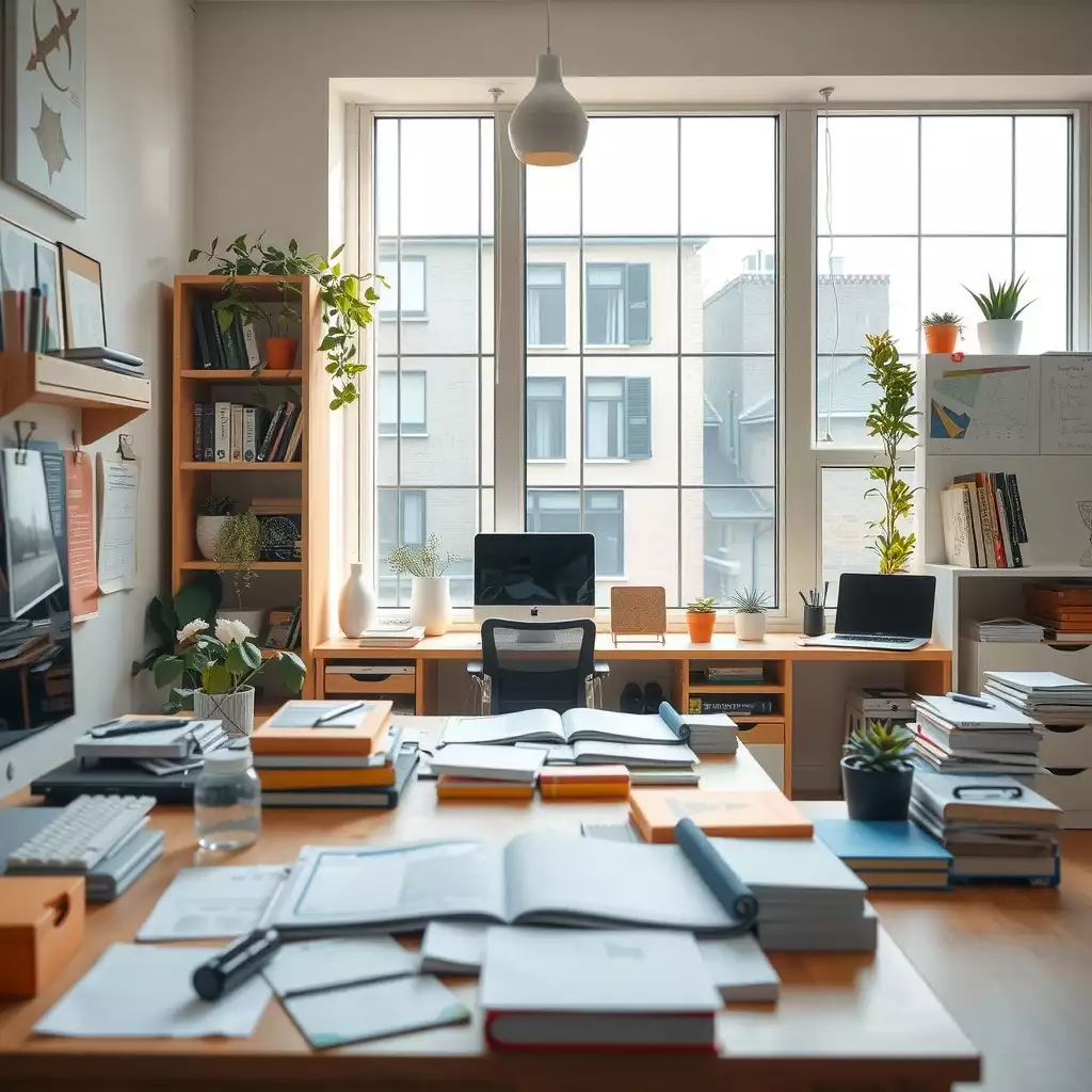 A vibrant and organized workspace in London, showcasing modern technology and creative elements, capturing a sense of productivity and clarity.