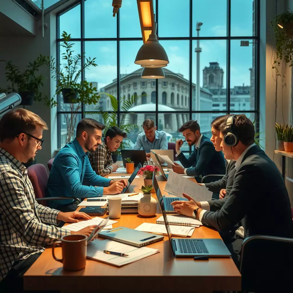 A vibrant office scene showcasing entrepreneurs collaborating around modern workspaces, with digital tools and financial documents visible, reflecting the spirit of London's SME community.