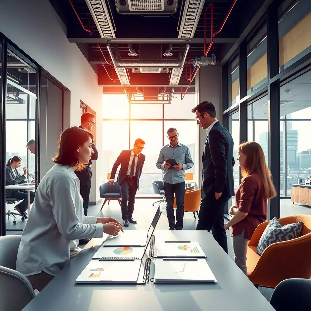 A modern financial planning office in London, bustling with professionals engaged in discussions about pension management and auto-enrolment strategies, featuring sleek designs and collaborative workspaces.