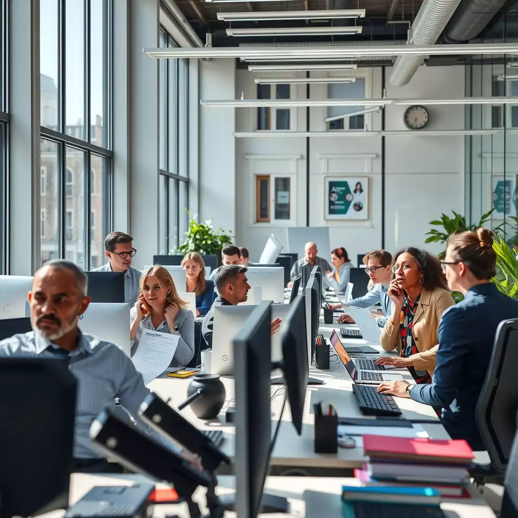 A bustling office environment with UK accountants working collaboratively at modern desks, surrounded by technology and natural light, reflecting professionalism and teamwork.
