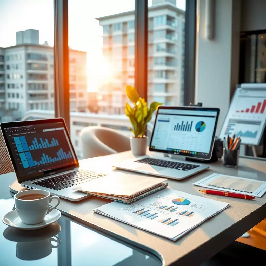 A modern office workspace featuring a sleek desk with payroll reports, a laptop displaying financial charts, and organized stationery, conveying professionalism and efficiency.