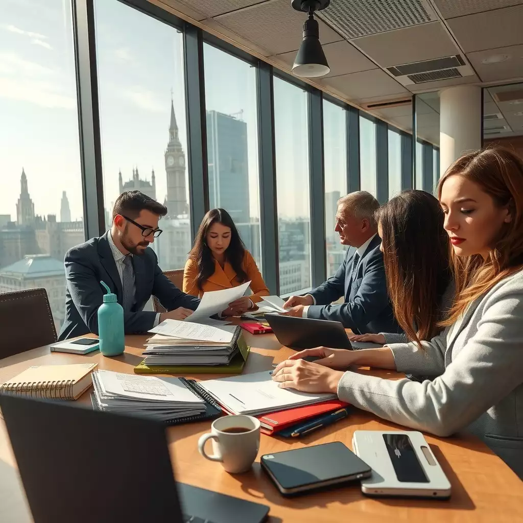 A busy office scene in London with professionals reviewing financial documents, laptops open, and coffee cups nearby, set against the iconic skyline.