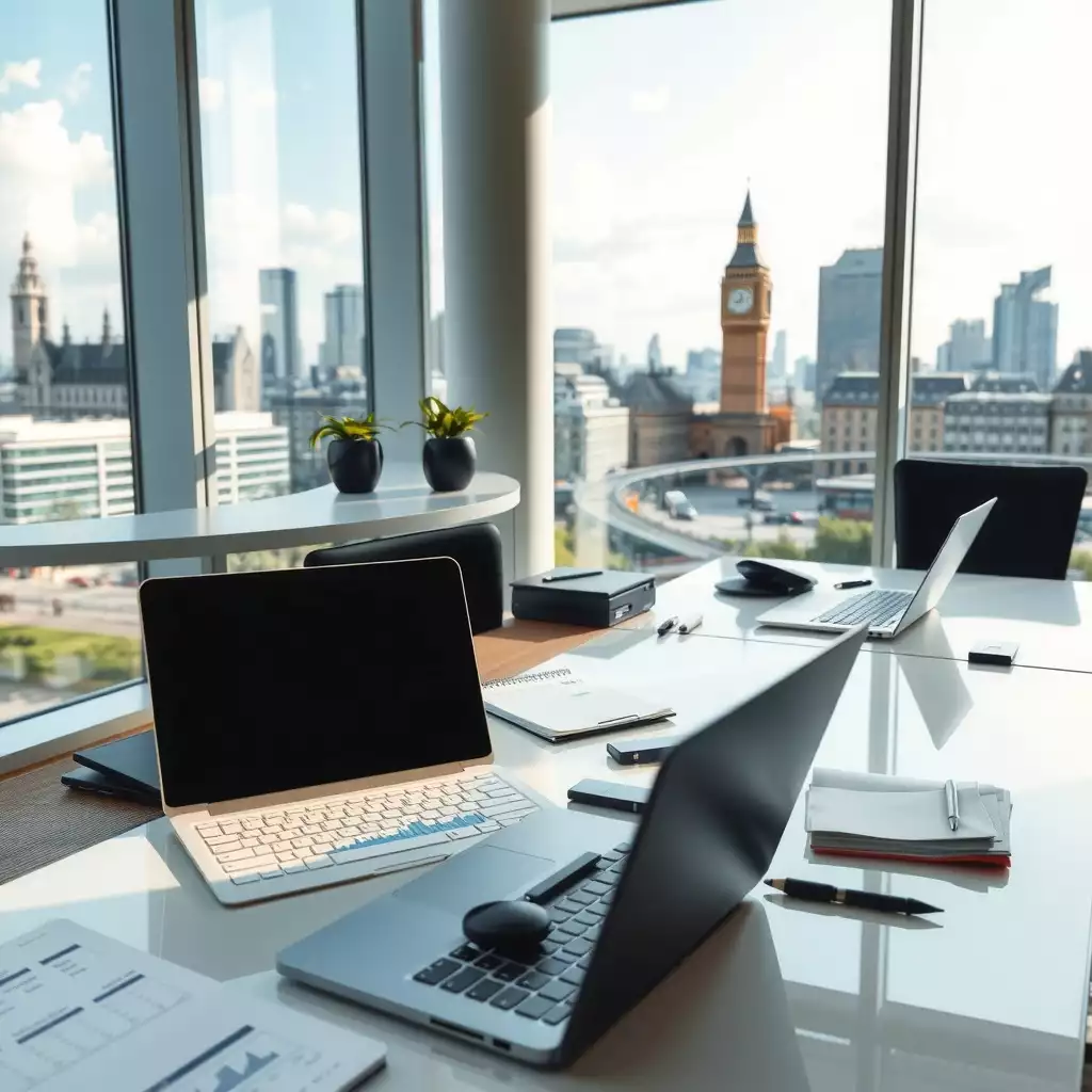 A modern office setting in London featuring sleek desks, laptops, and financial documents, with a view of the iconic skyline through large windows.