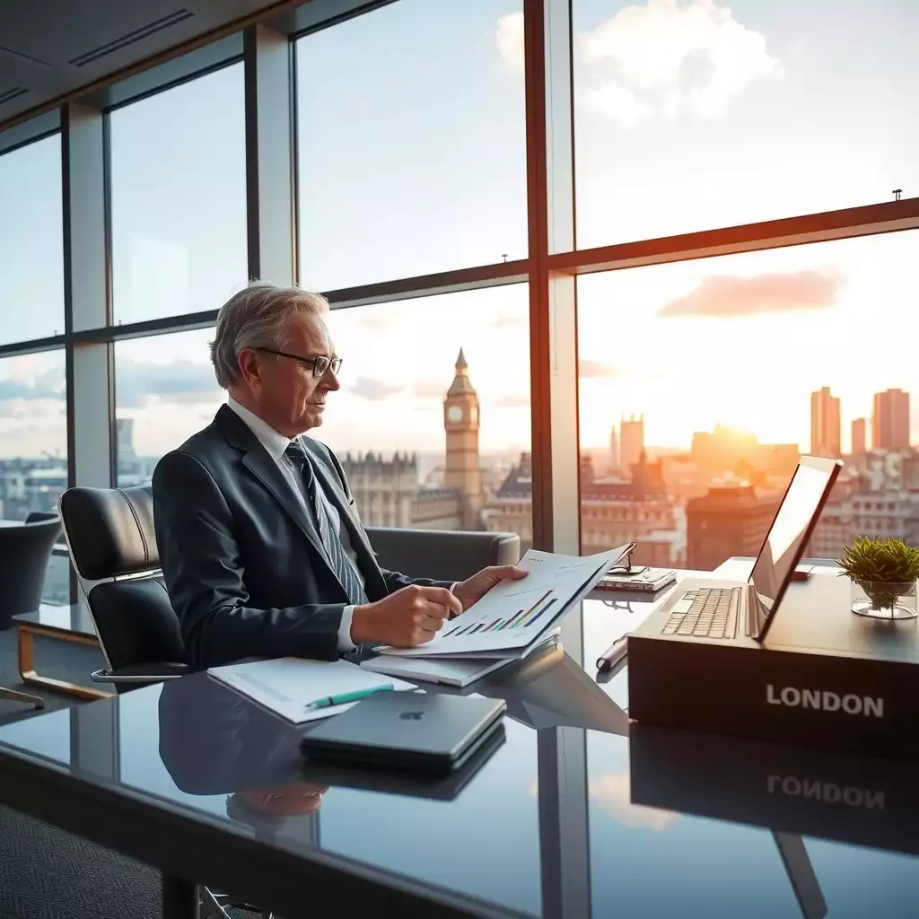An elegantly designed office workspace in London featuring a business owner analyzing financial documents, with a sleek desk, laptop displaying graphs, and iconic skyline views through large windows.