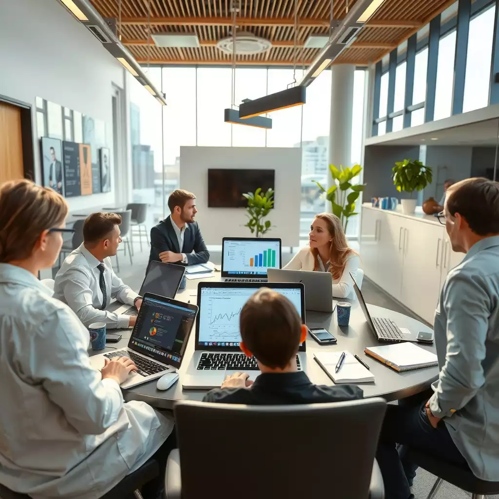 A modern office environment with financial professionals collaborating around a conference table, featuring laptops and organized documents, conveying efficiency and clarity in business operations.