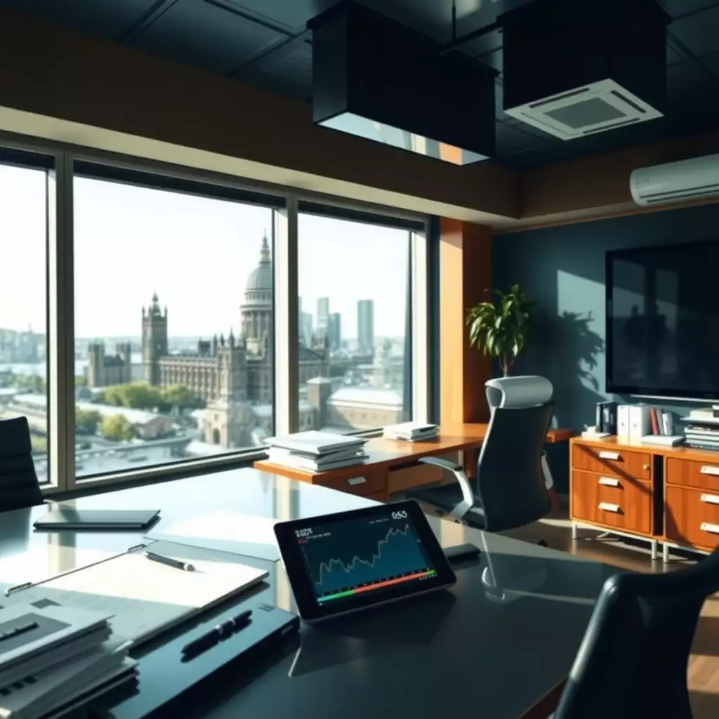 Sophisticated office environment in London with organized workspace, digital devices, and a view of the skyline, conveying professionalism and compliance.