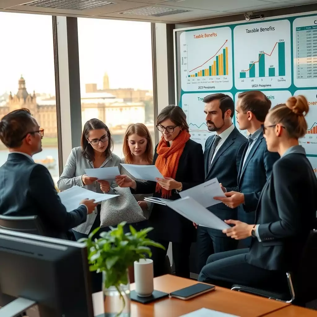 A diverse group of professionals in a modern office discussing financial documents, with charts and graphs on the walls and iconic London architecture visible in the background.