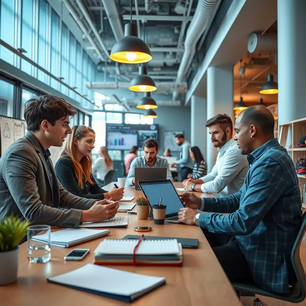 A vibrant workspace in London filled with diverse professionals collaborating, using digital tools, and engaged in brainstorming sessions, embodying the spirit of innovation and ambition in a fast-growing startup environment.