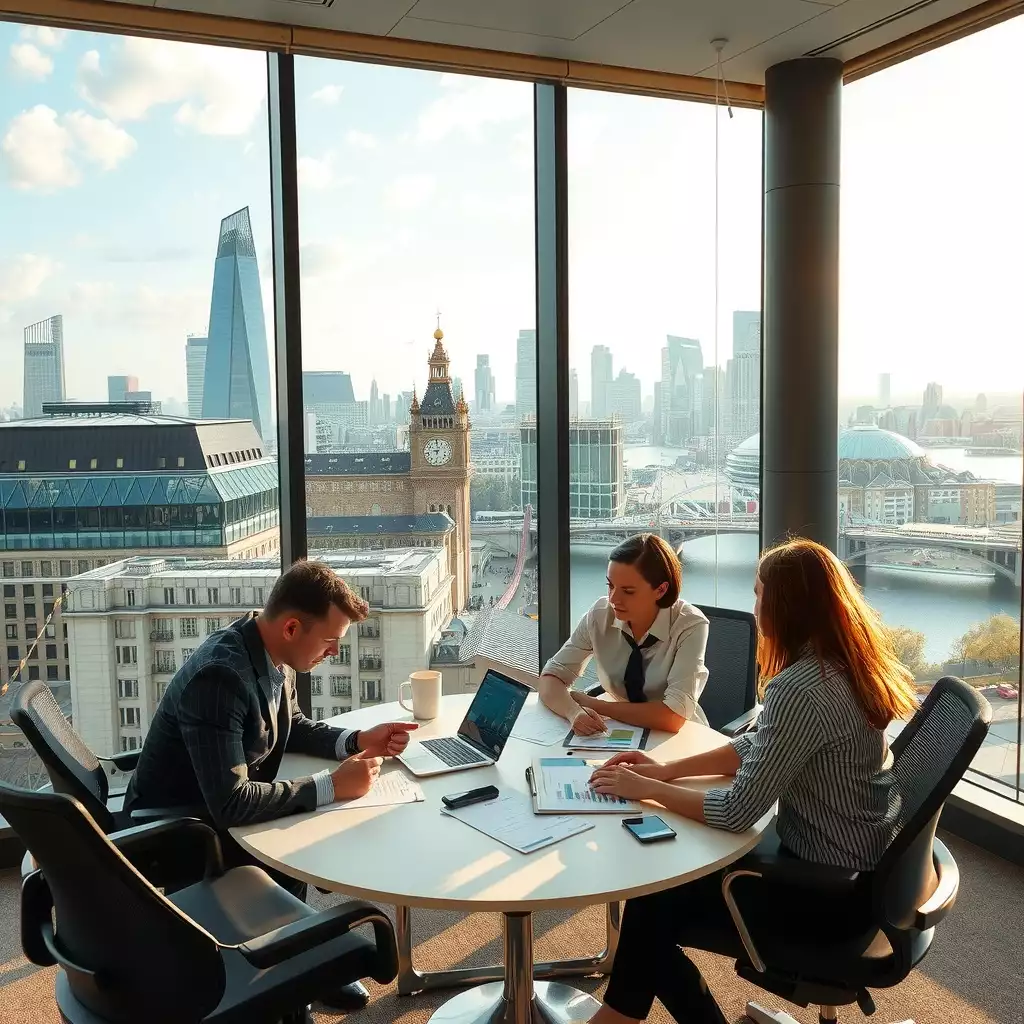 Dynamic office scene in London with professionals engaged in discussions, surrounded by charts and graphs, and iconic landmarks visible through large windows.