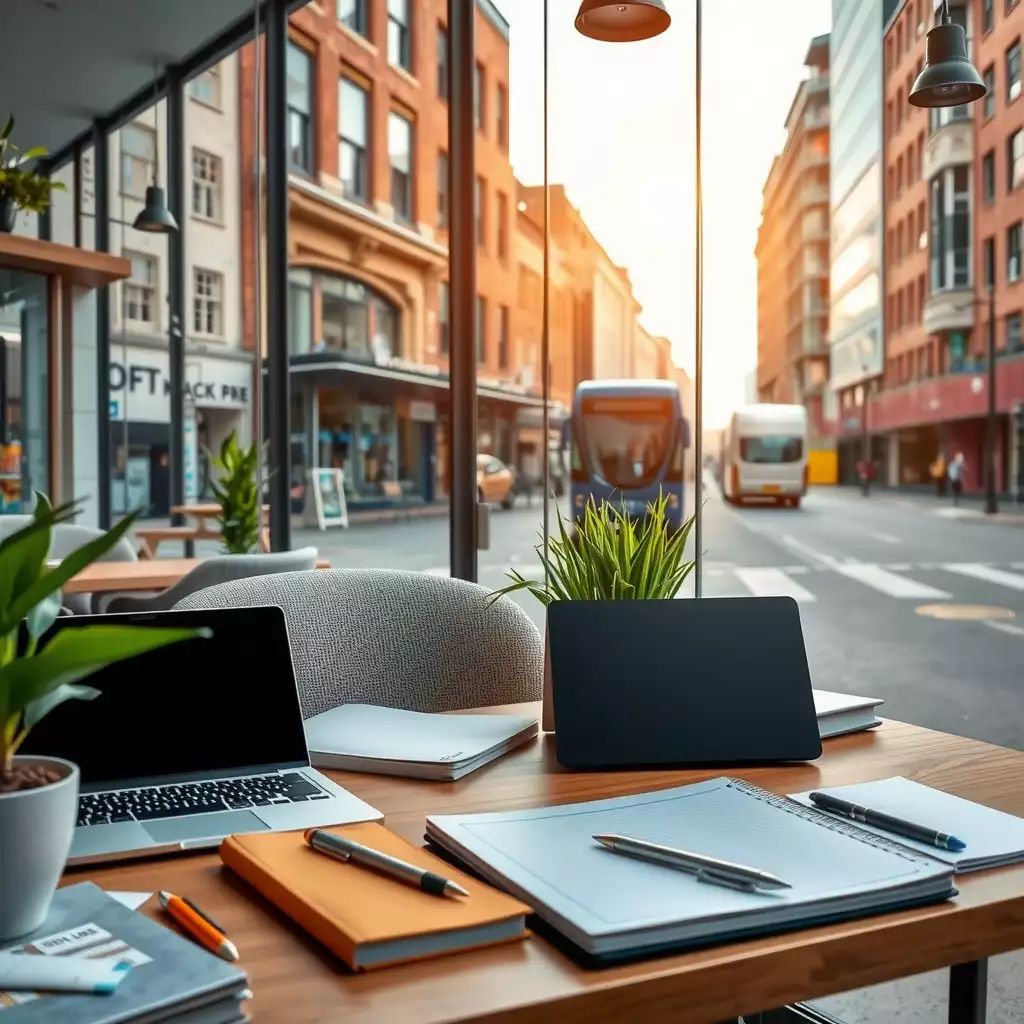 A modern workspace featuring a neatly organized desk with bookkeeping tools, set against the backdrop of London’s iconic architecture and vibrant urban elements.