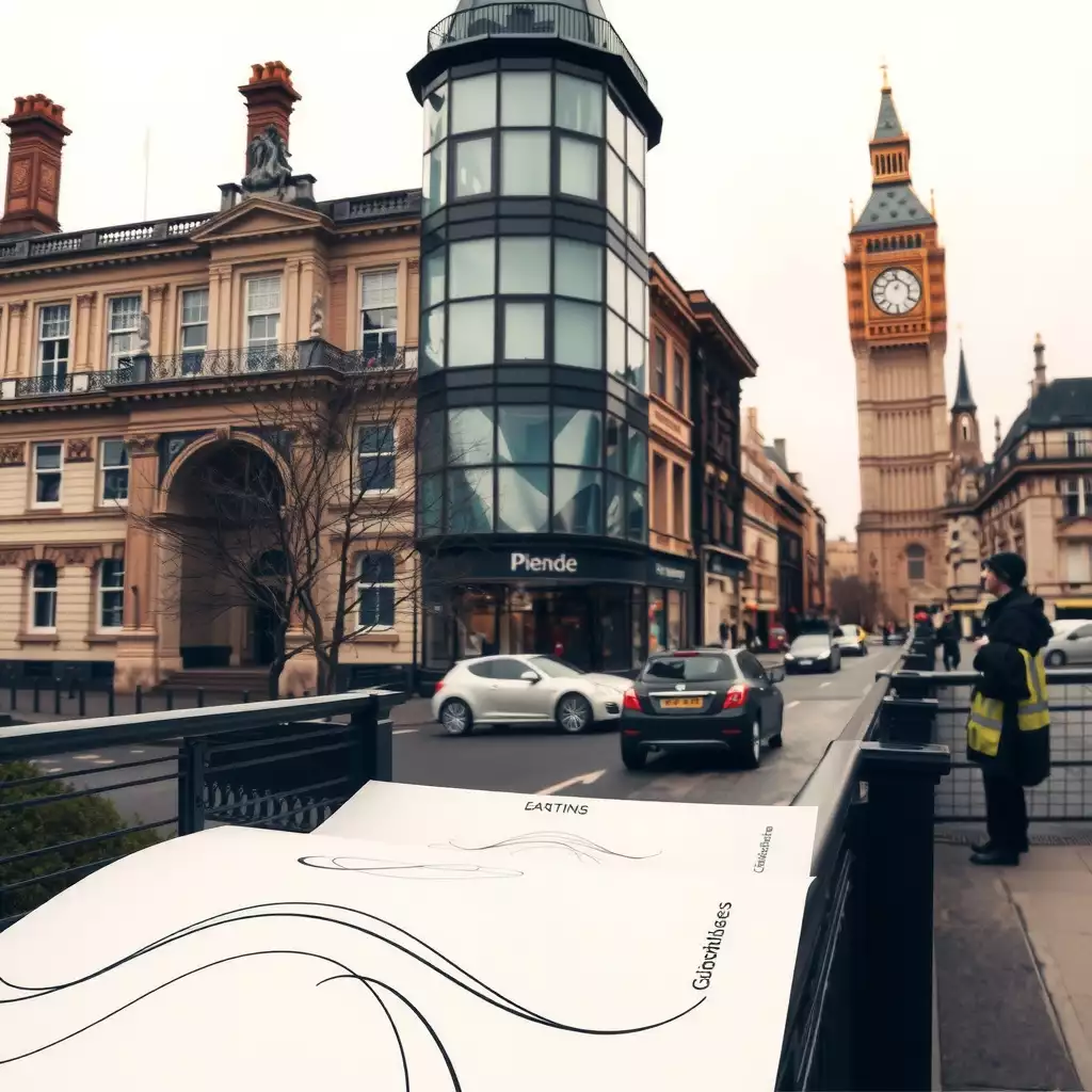 An artistic scene featuring elegant smooth director drawings integrated with iconic London architecture, illuminated by soft, diffused light, showcasing creativity and sophistication in a muted color palette.