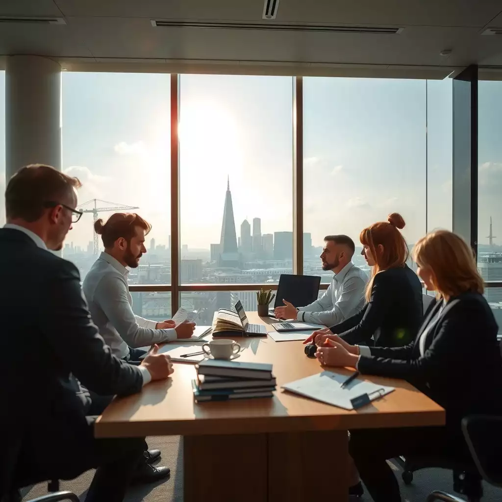 A modern office scene in London featuring a diverse team of professionals collaborating over financial documents, with the iconic skyline visible through large windows, conveying professionalism and efficiency in payroll management.
