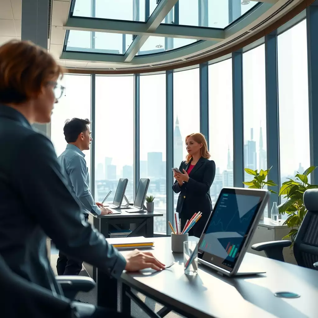 A modern office scene in London featuring professionals discussing financial strategies, with large windows showcasing the skyline and digital screens displaying data analytics.