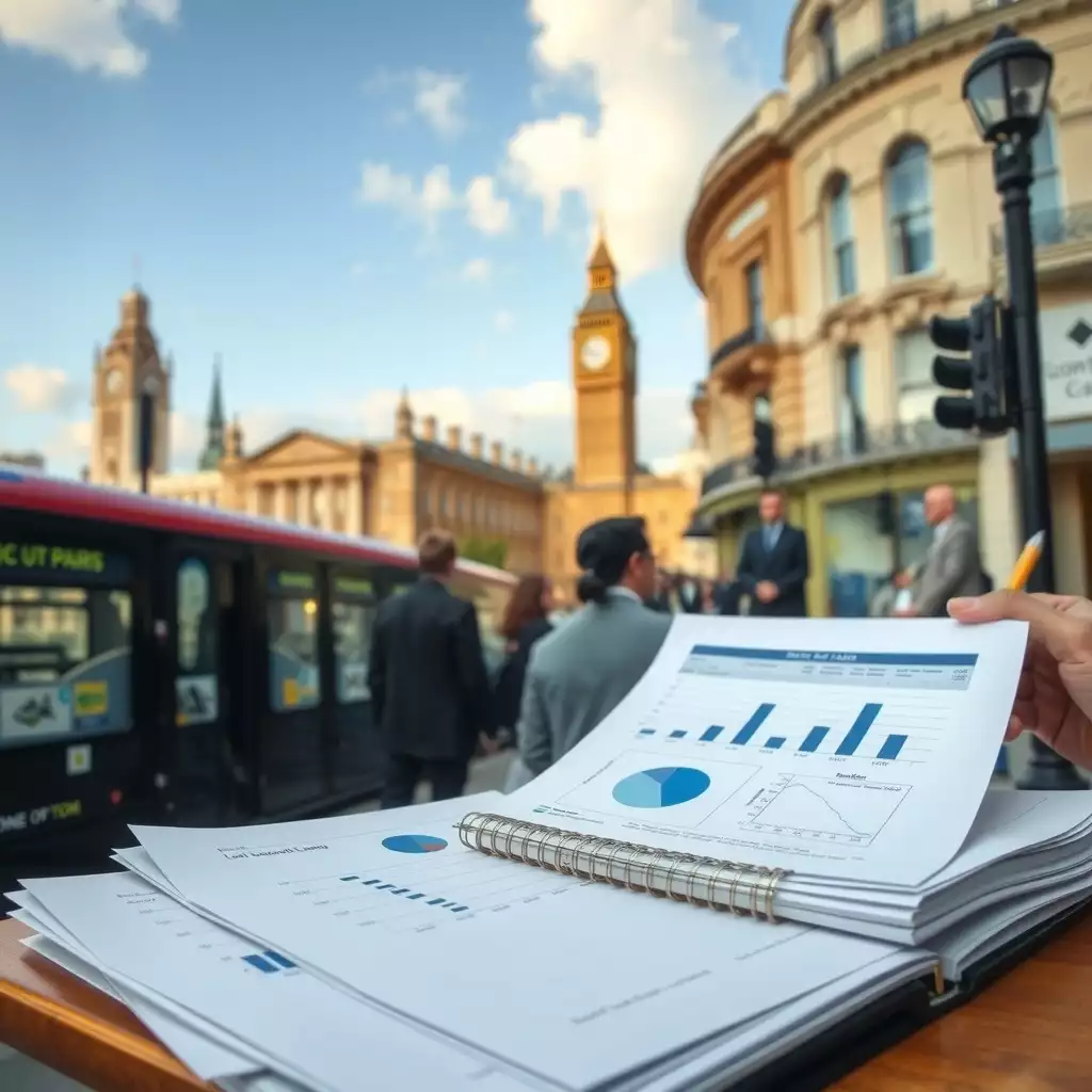 A detailed scene illustrating track director expenses in London, featuring financial documents and tools amidst iconic London landmarks, showcasing a vibrant and professional atmosphere.