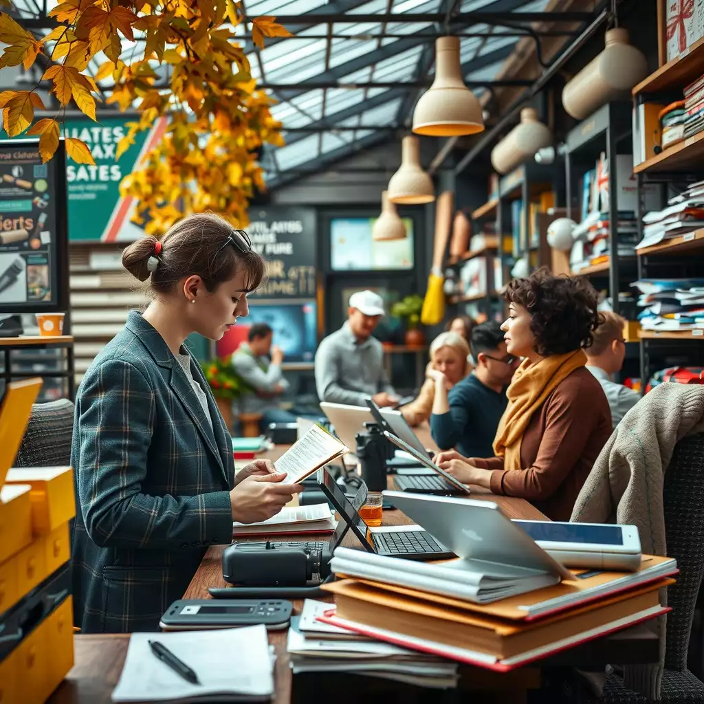 A vibrant scene depicting small business owners immersed in their daily activities, surrounded by digital devices and paperwork, illustrating the challenges of managing complex tax regulations amidst a busy work environment.