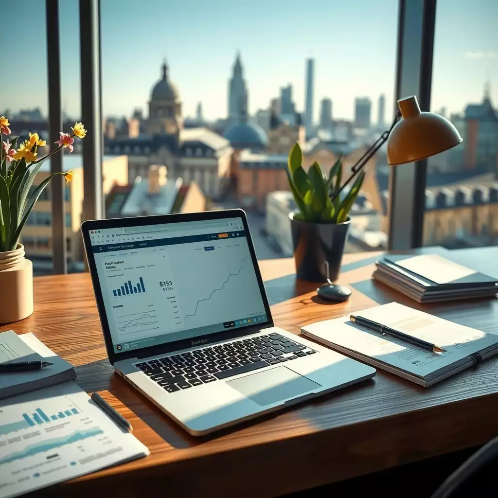 A modern London workspace featuring an open laptop with financial data, organized paperwork, and a view of the iconic skyline through a window.