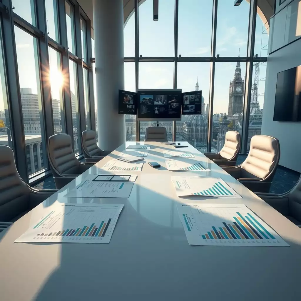 A modern office space in London with natural light illuminating a polished conference table filled with financial documents, showcasing a professional ambiance and city architecture in the background.