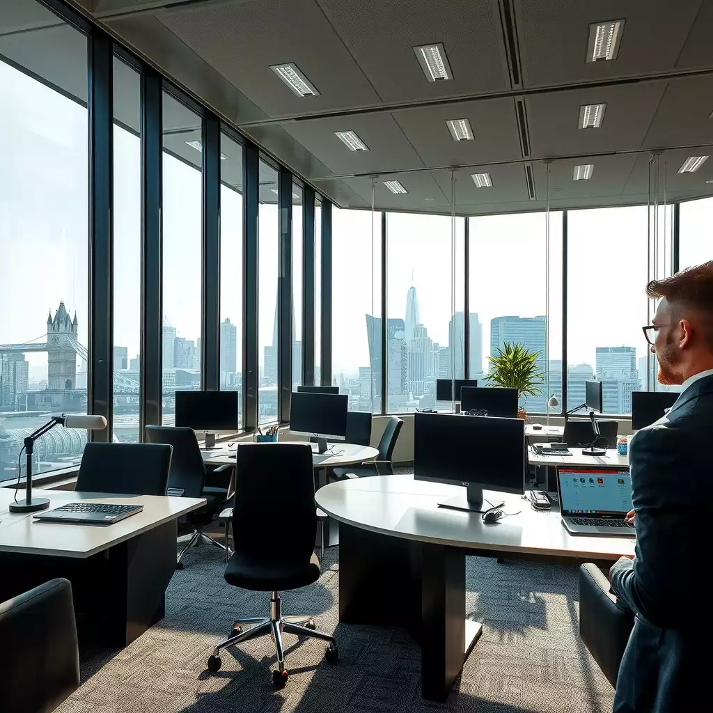 Modern office environment in London featuring sleek desks, advanced technology, and a view of the city skyline, conveying efficiency and innovation in cloud bookkeeping.