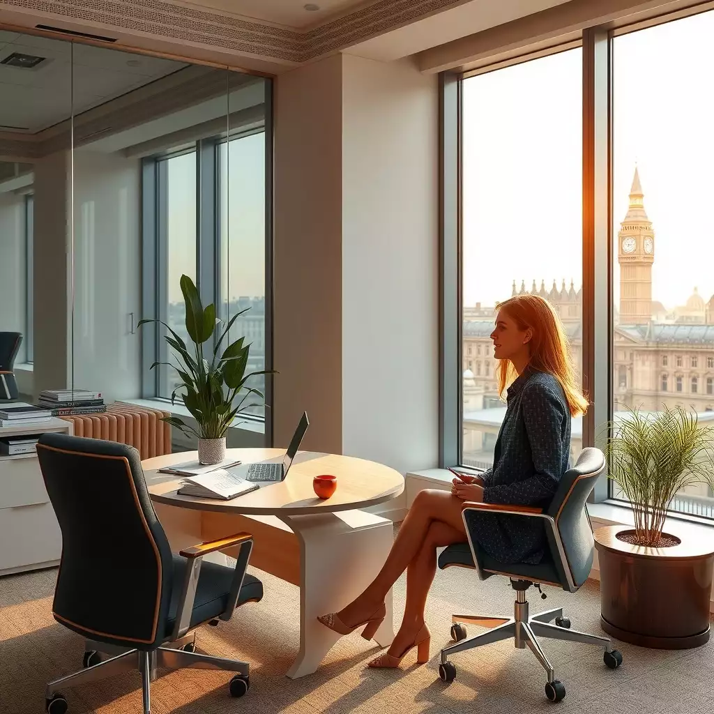 A professional office space in London featuring a modern desk, an accountant engaged in conversation with a client, and large windows allowing natural light to fill the room, showcasing elements of trust and efficiency in a welcoming atmosphere.