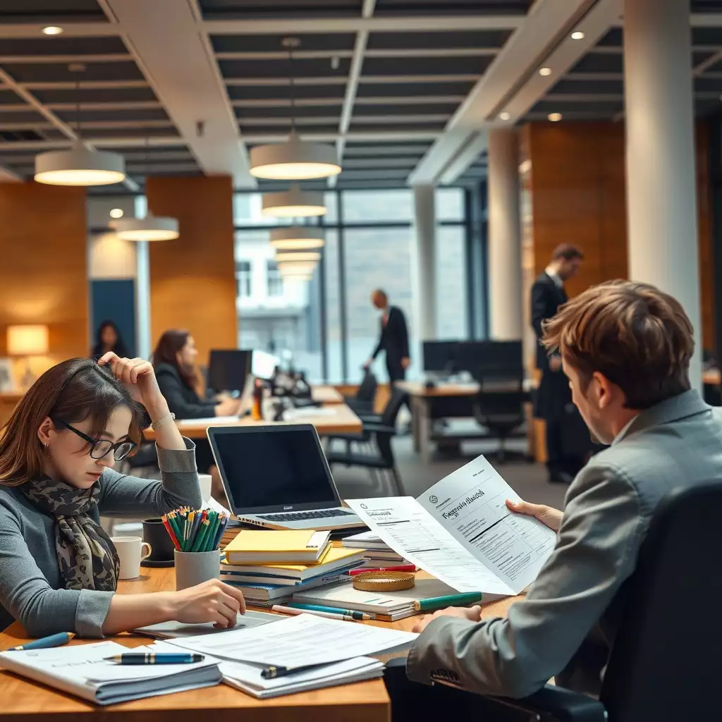 A professional bookkeeper working in a modern London office, surrounded by organized paperwork and technology, embodying diligence and expertise in a vibrant workplace setting.